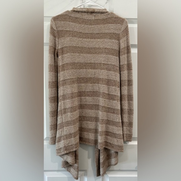 Barefoot Dreams Bamboo Chic Lite Tan Stripe Waterfall Open Cardigan Sweater Sz M - Picture 2 of 8